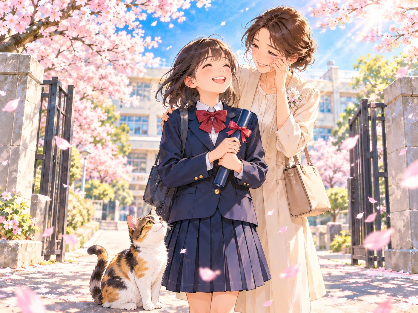 桜の咲く校門の前で、合格を喜ぶ親子と、足もとで見上げる猫
