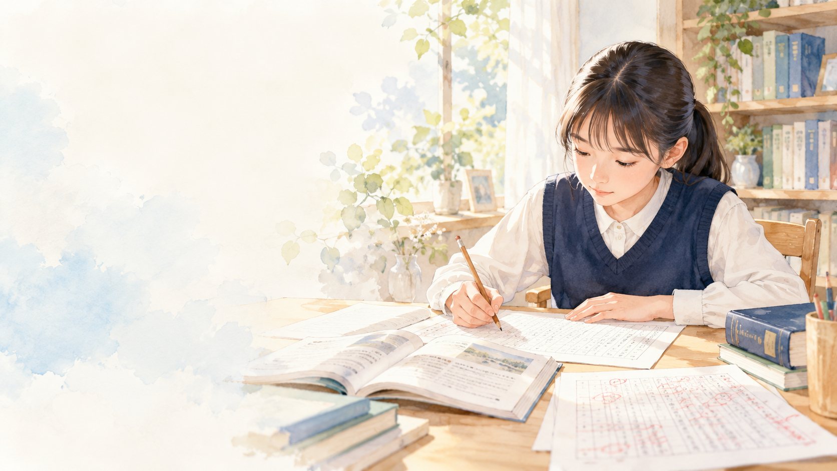 原稿用紙に記述の答案を書く小学生