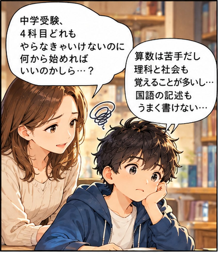 お母さん「中学受験、4科目どれもやらなきゃいけないのに、何から始めればいいのかしら…？」 子ども「算数は苦手だし、理科と社会も覚えることが多いし…国語の記述もうまく書けない…」