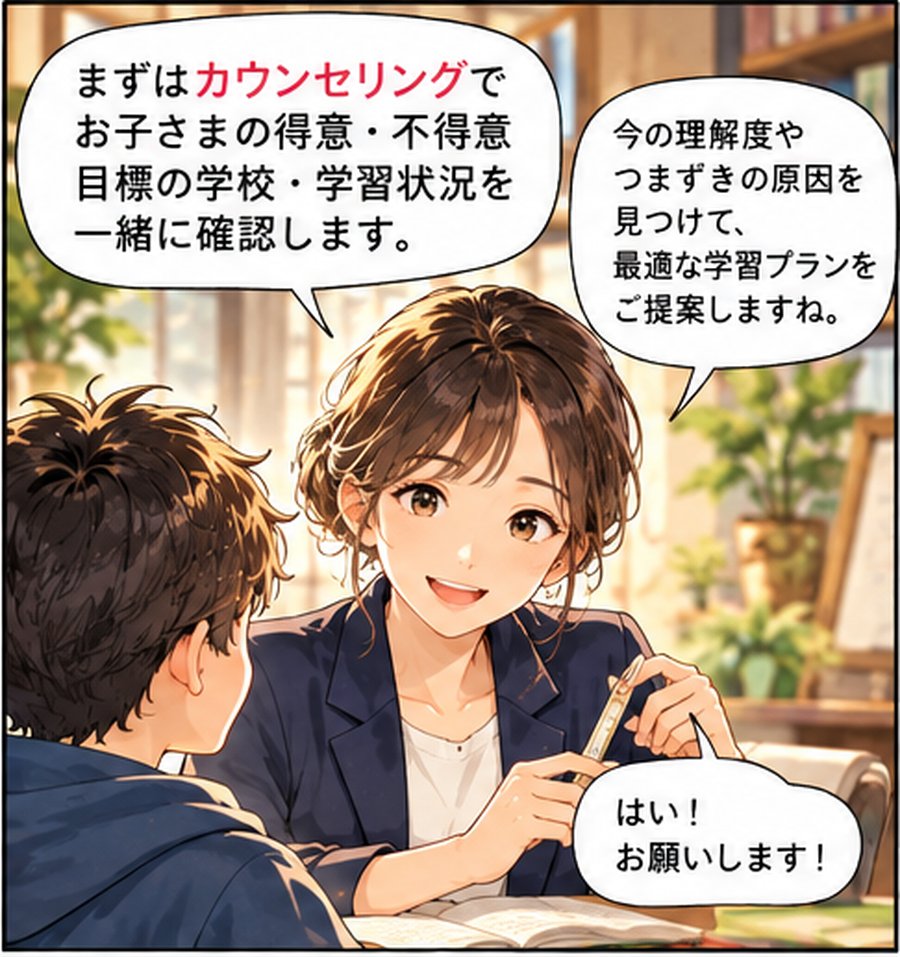 先生「まずはカウンセリングで、お子さまの得意・不得意、目標の学校・学習状況を一緒に確認します。今の理解度やつまずきの原因を見つけて、最適な学習プランをご提案しますね。」
