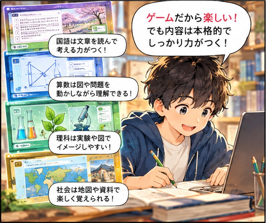 ゲームだから楽しい！でも内容は本格的でしっかり力がつく！国語は文章を読んで考える力、算数は図を動かしながら理解、理科は実験や図でイメージ、社会は地図や資料で楽しく覚えられる。