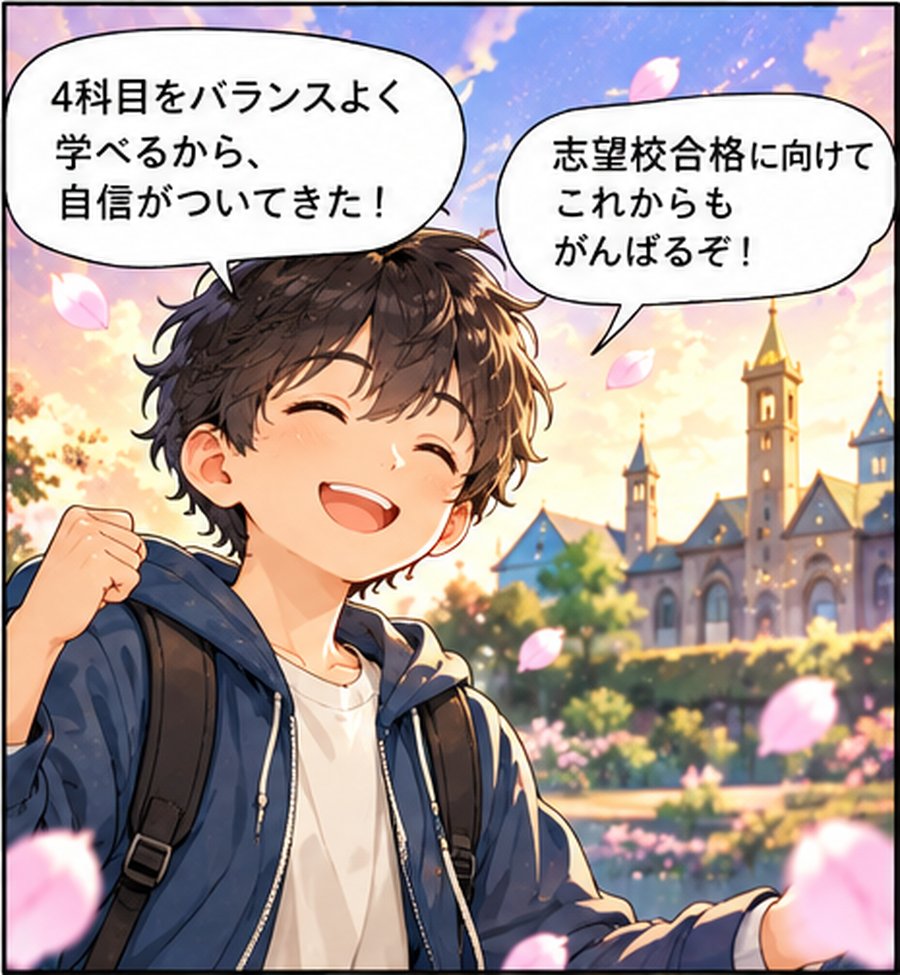 子ども「4科目をバランスよく学べるから、自信がついてきた！志望校合格に向けて、これからもがんばるぞ！」
