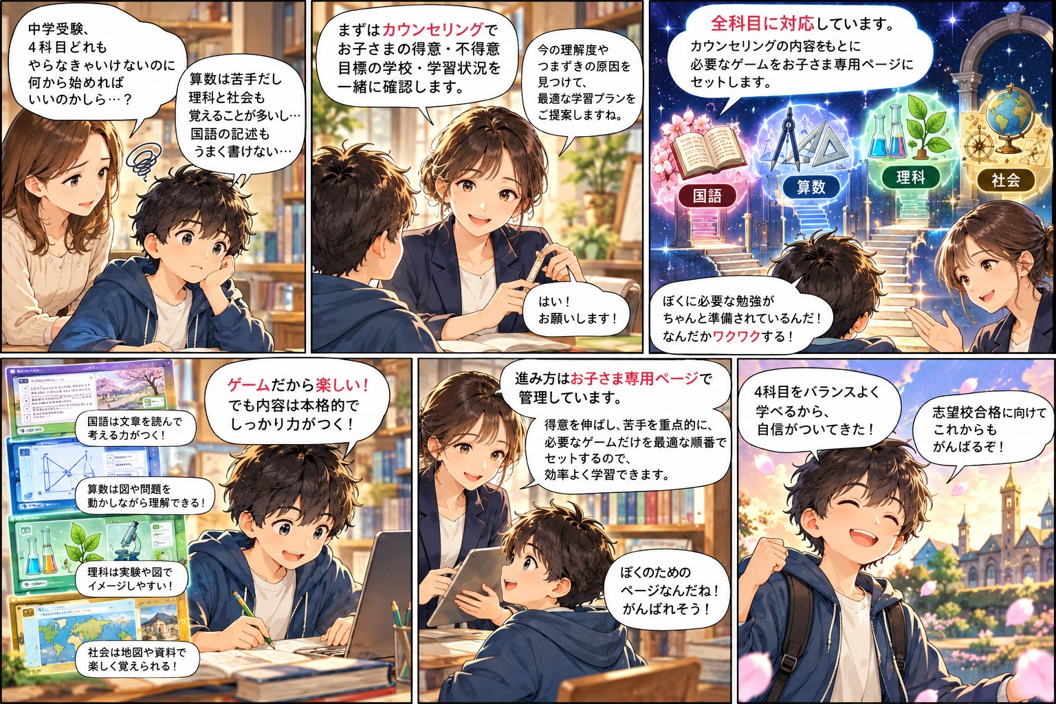 まんが：カウンセリングでお子さまの得意・不得意を確認し、全科目の中から必要なゲームをお子さま専用ページにセット。4科目をバランスよく学び、志望校合格へ。