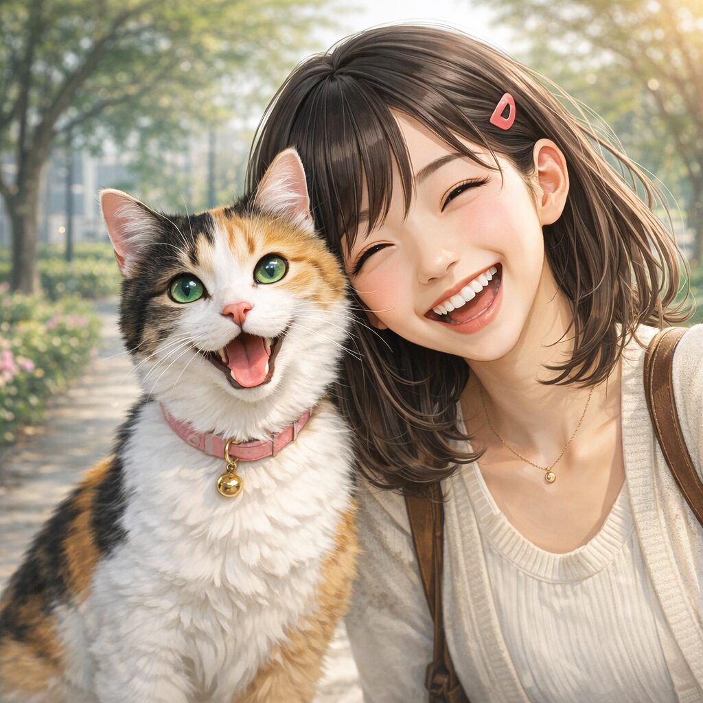 笑顔の女性と三毛猫
